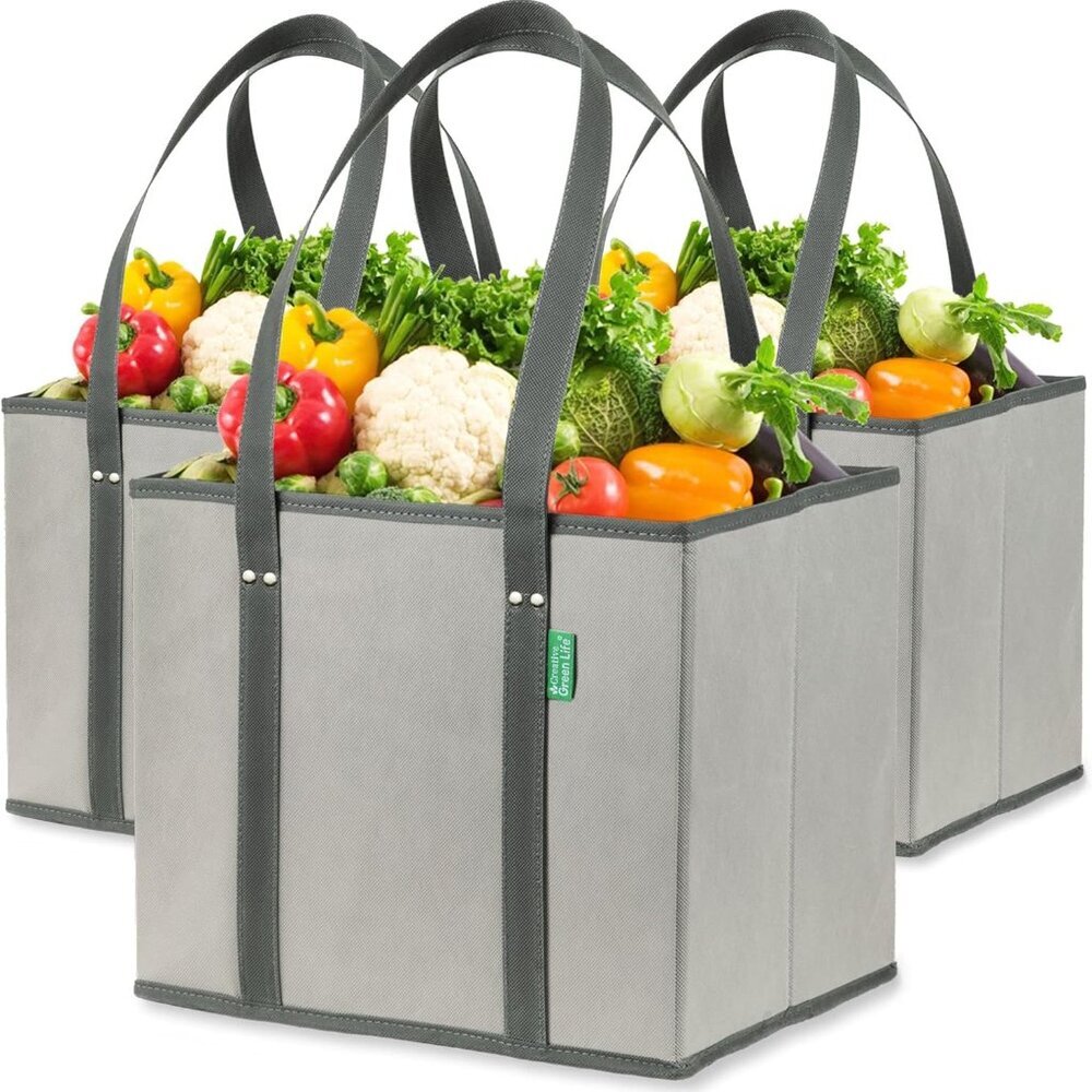 Reusable Grocery Bags 3 Pack – Heavy Duty Reusable Shopping Bags with Box Shape